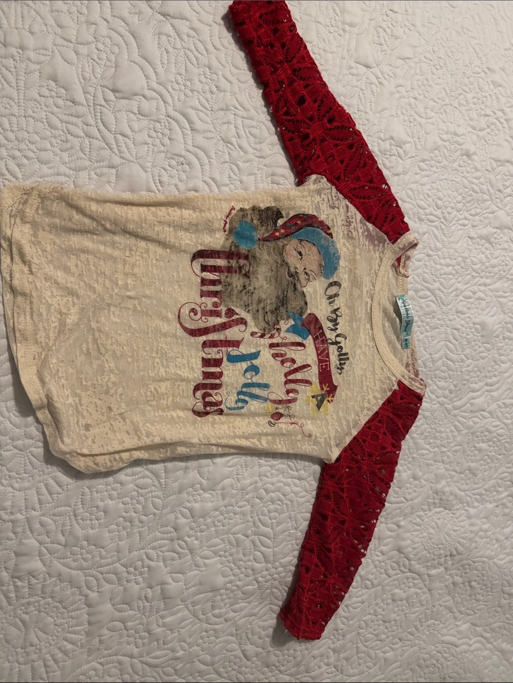 Southern Grace Cream Tee with Red Lace Raglan Sleeves and Santa Graphic